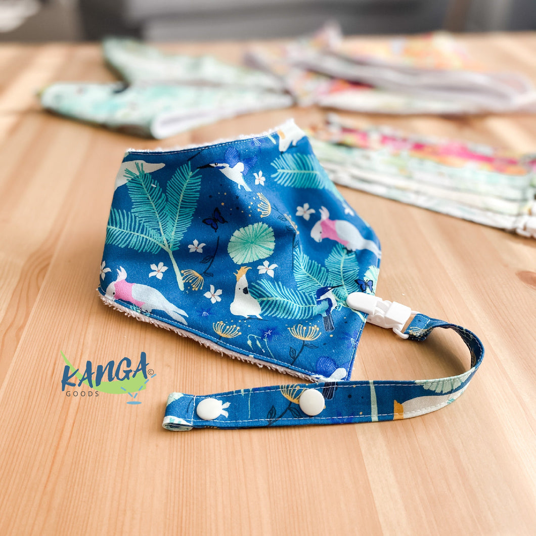 Cute Tropical Australia bandana dribble bib & dummy pacifier clip, Adjustable, Gender neutral white and green, Baby shower gift