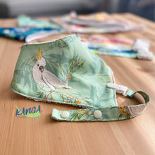 Load image into Gallery viewer, Cute Green Cockatoo Australian bandana dribble bib &amp; dummy pacifier clip, Adjustable, Gender neutral green, Baby shower gift
