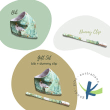 Load image into Gallery viewer, Cute Green Cockatoo Australian bandana dribble bib &amp; dummy pacifier clip, Adjustable, Gender neutral green, Baby shower gift
