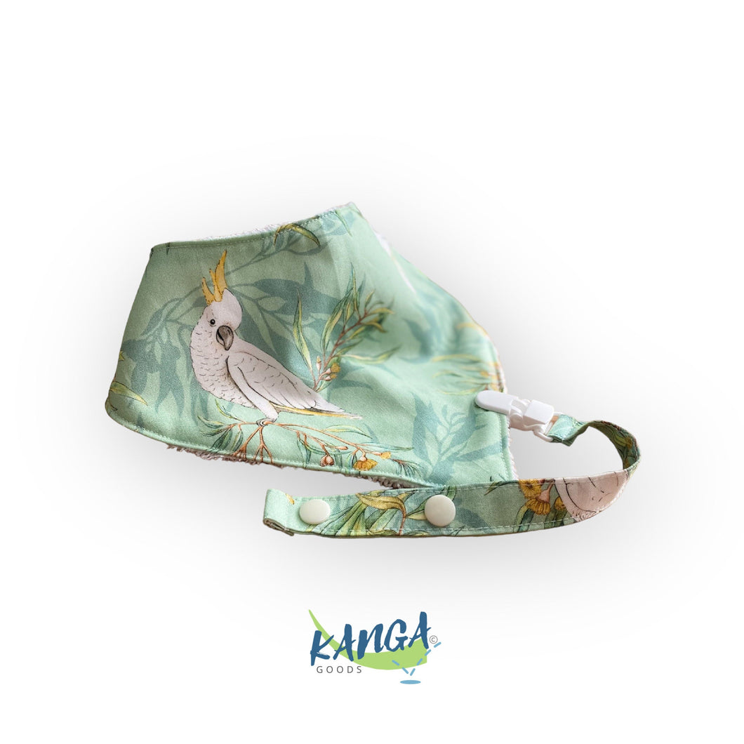 Cute Green Cockatoo Australian bandana dribble bib & dummy pacifier clip, Adjustable, Gender neutral green, Baby shower gift