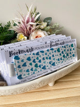 Load image into Gallery viewer, A4 &amp; A5 Pen Holder Bookmark  White with Blue Hearts
